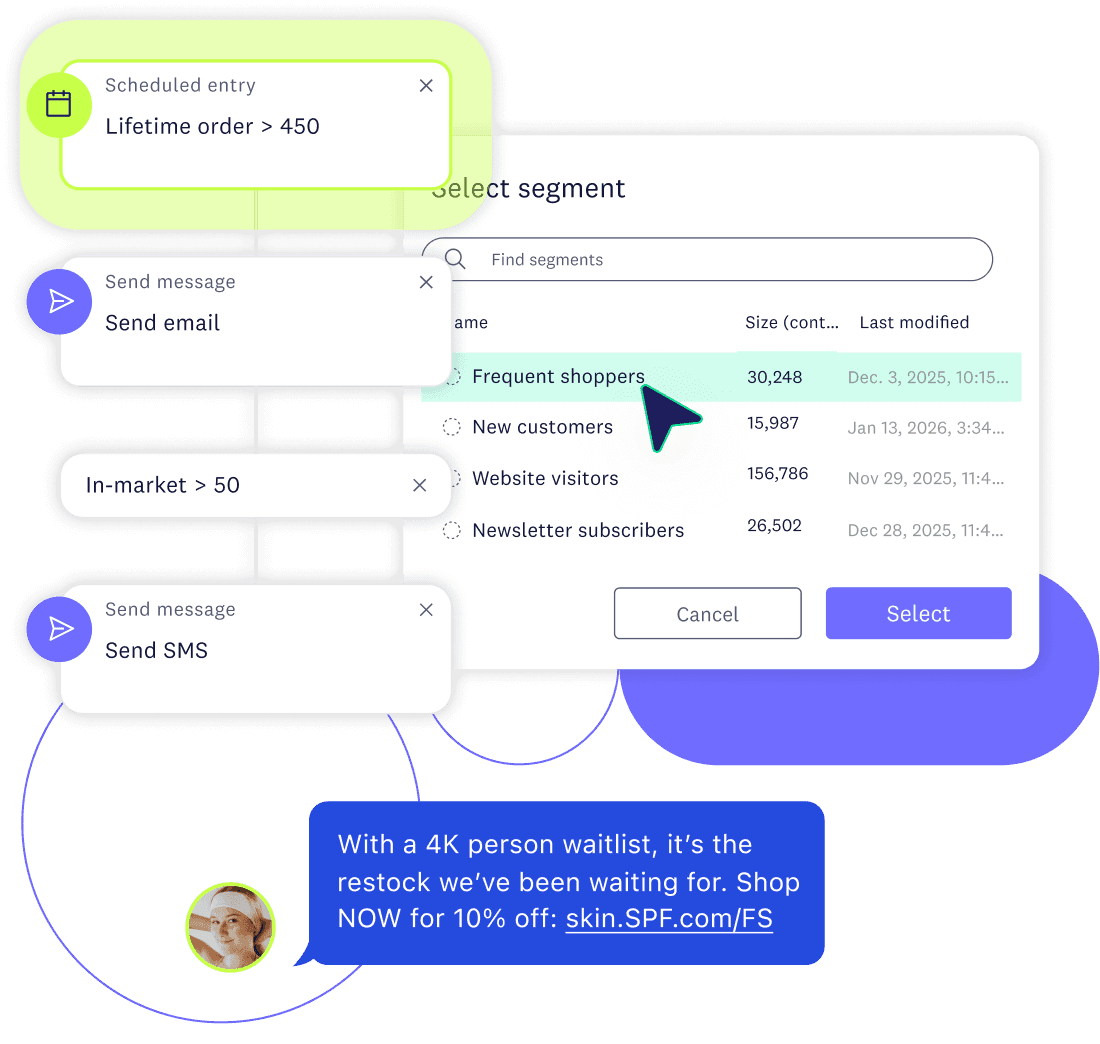 Woman in an airport holding tablet with an interface suggesting high-intent abandonment actions like create a journey.