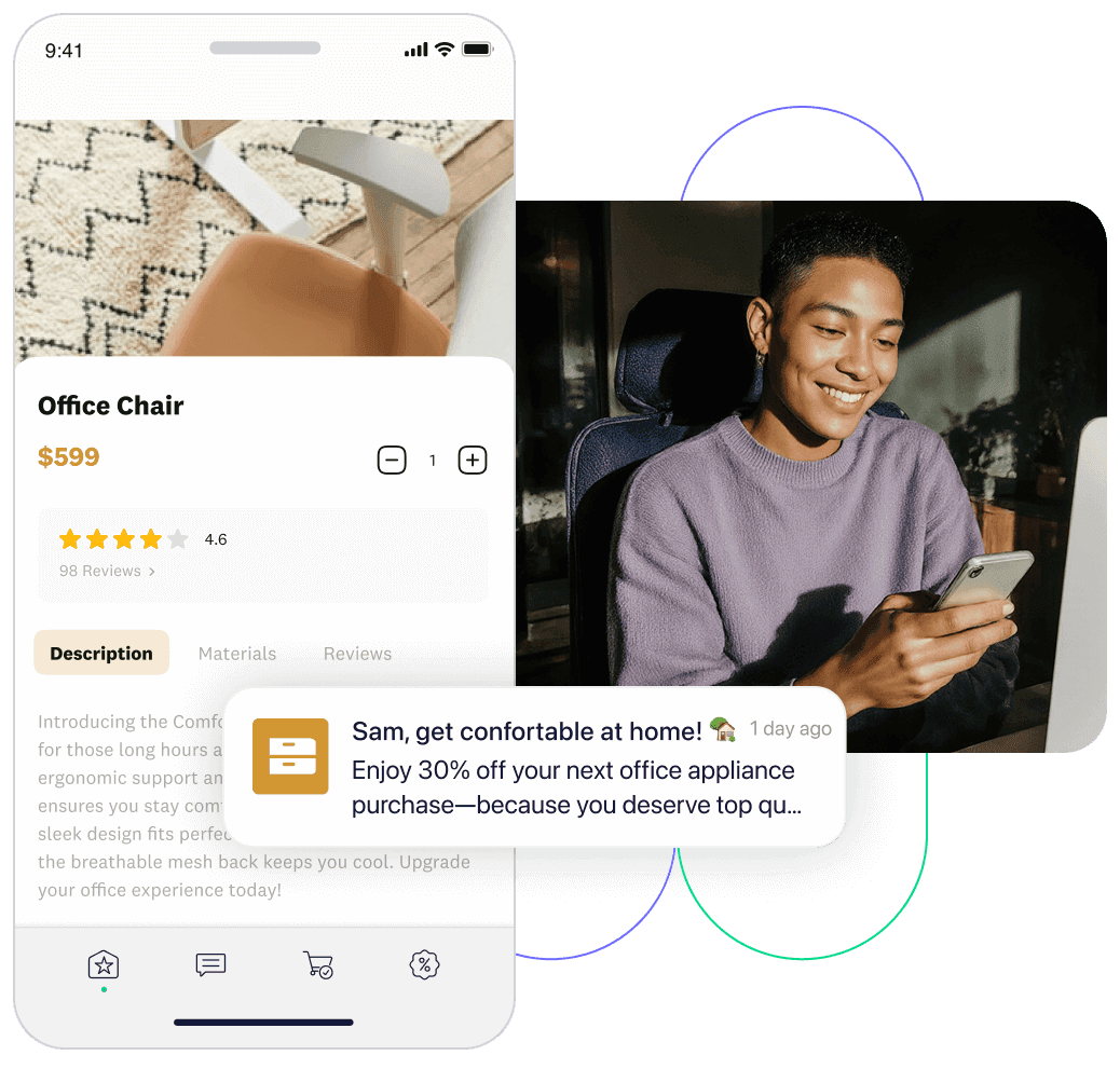 Man looking at his phone, receiving a mobile app push notification for a 30% discount on a desk chair he showed interest in.
