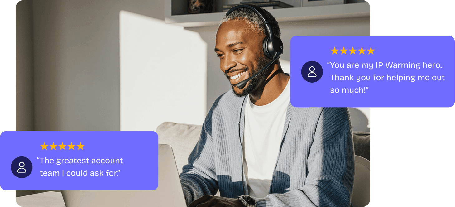 Professional services specialist wearing a headset while working on a laptop, with customer praise messages displayed.