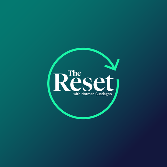 Green to navy faded background with a bright green circular arrow. Text reads: "The Reset with Norman Guadagno."