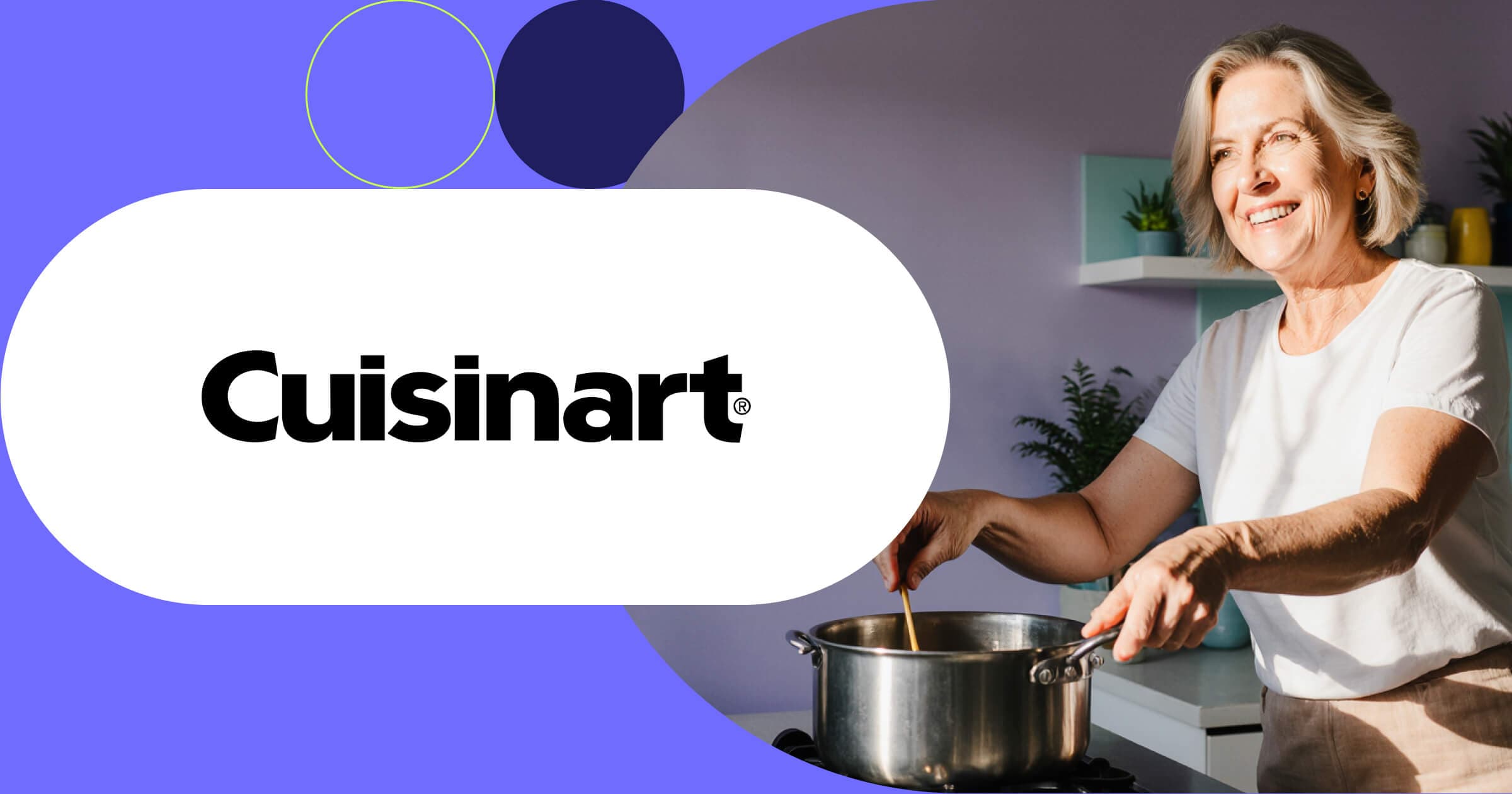 Cuisinart logo with home cook preparing healthy meal using professional kitchen cookware and appliances