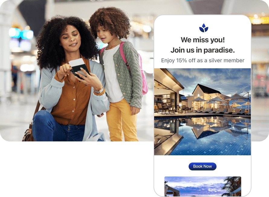 Family walking together, viewing a 'we miss you' resort offer