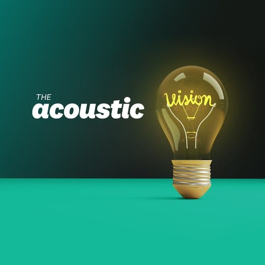 Lightbulb on a green surface with the word "vision" within it. Text reads "The Acoustic vision" using the Acoustic logo and the lightbulb.