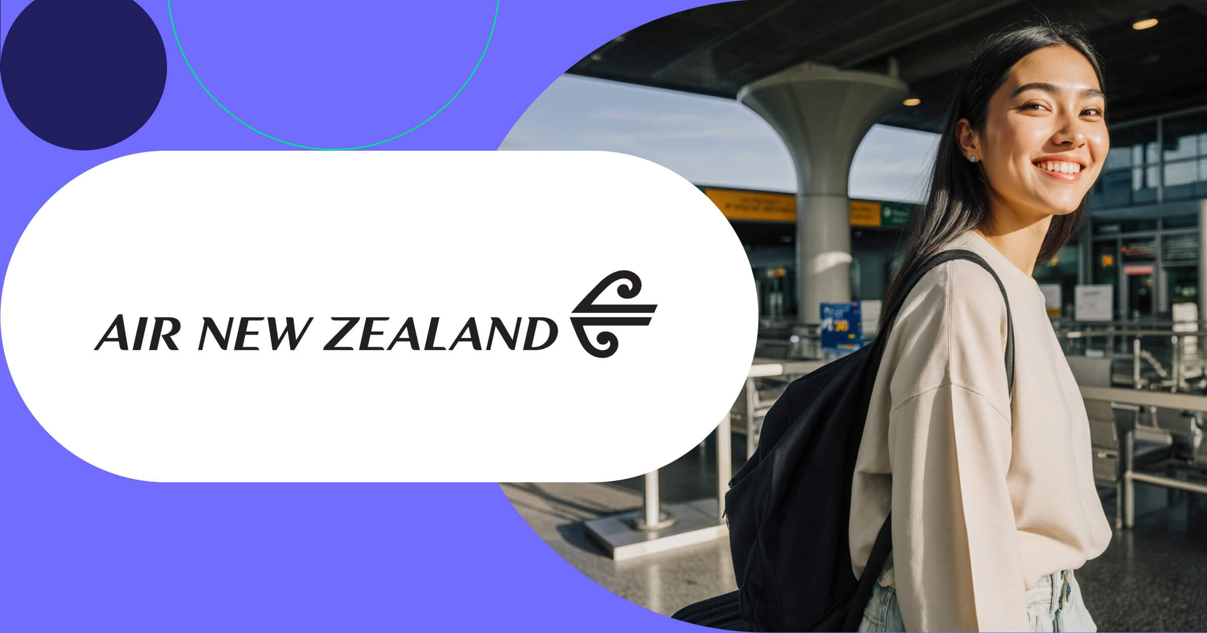 Air New Zealand logo with smiling traveler carrying luggage at modern airport terminal departure gate