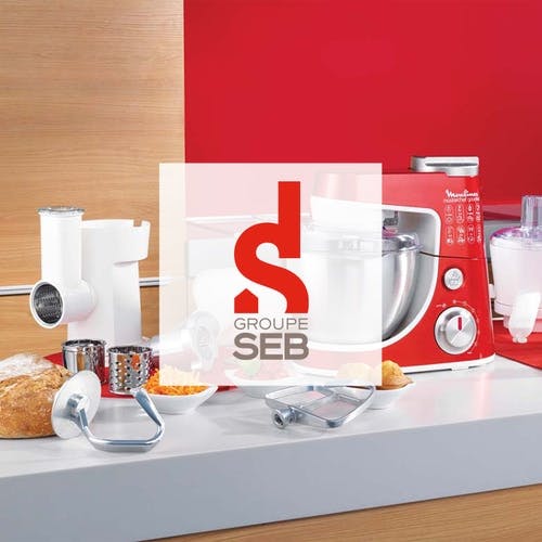 Groupe SEB logo on a background image of different kitchen appliances and food.
