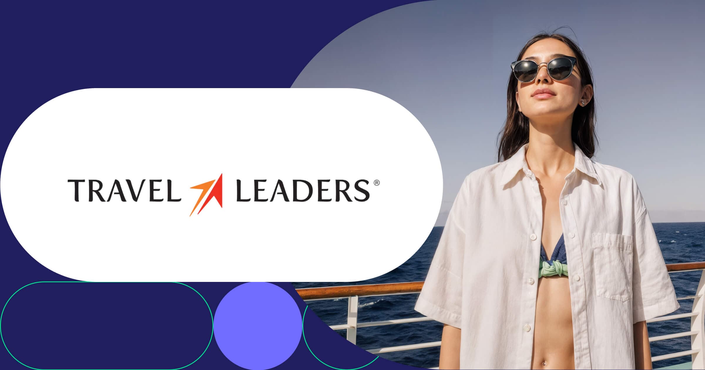 Travel Leaders logo with stylish traveler enjoying luxury cruise vacation on ocean liner ship deck