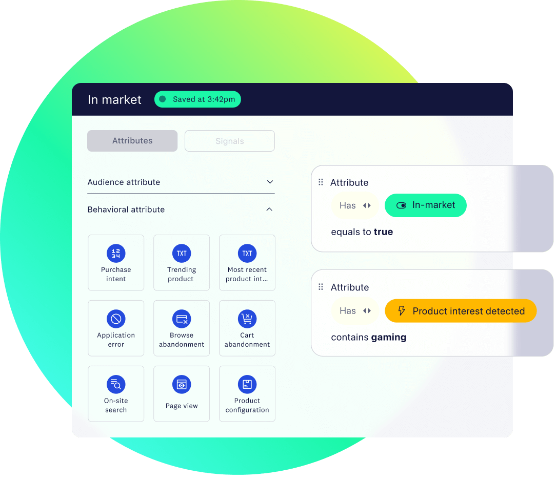 Audience segmentation filters with attributes for "In-market equals true" and "Product interest detected contains gaming."