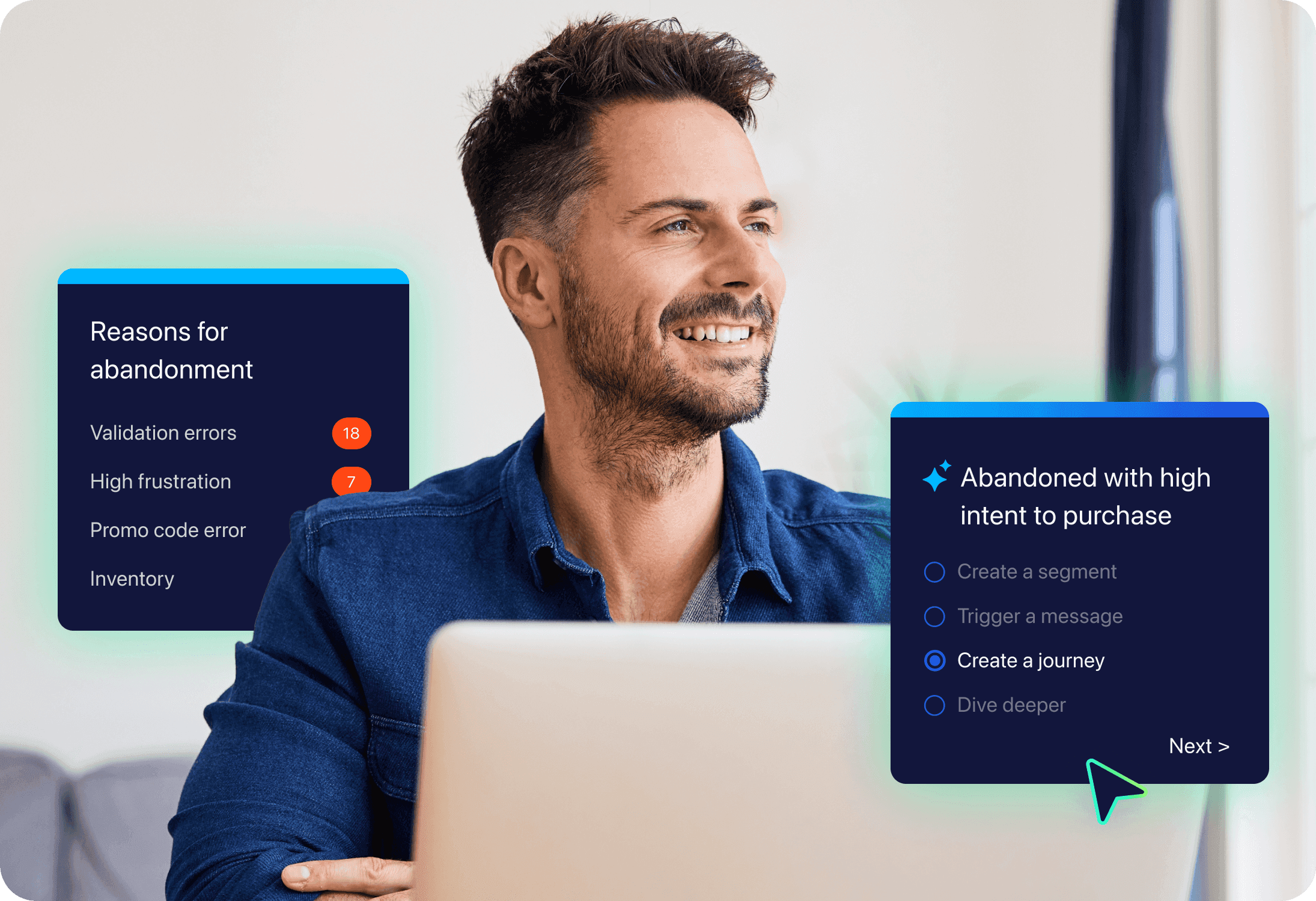 Smiling man using a laptop with overlayed UI elements showing abandonment reasons and options to create a customer journey.