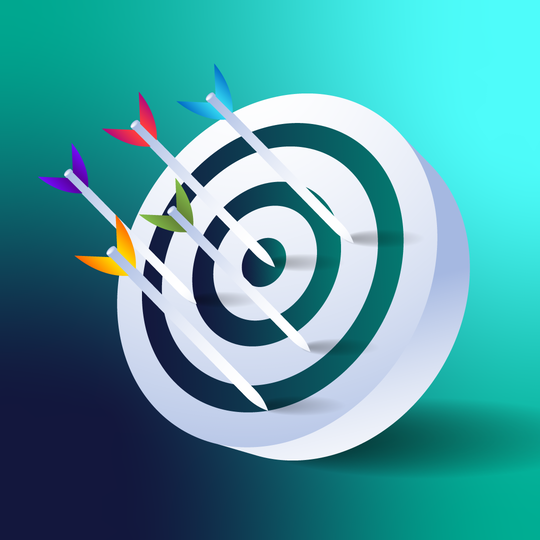 Green and blue background with a graphic of a target and colorful arrows overlaid on top of it.