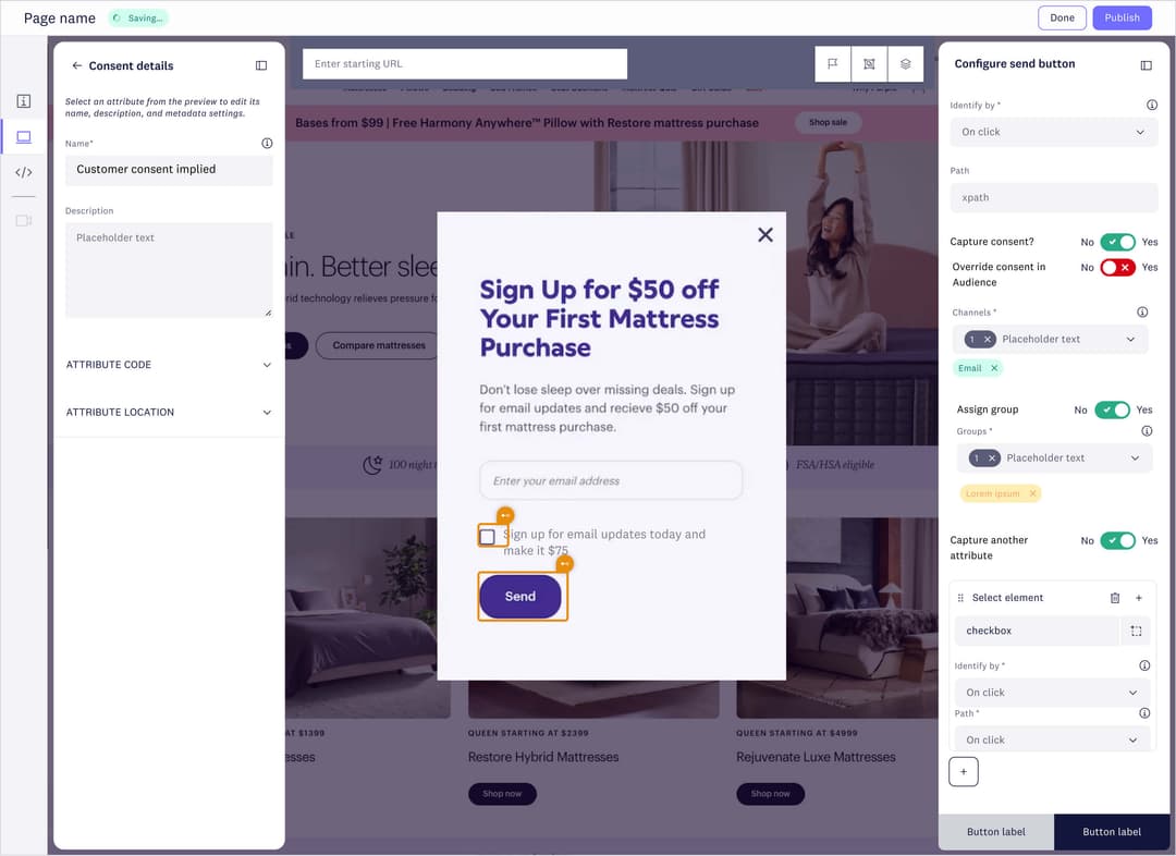 A form editor showing a $50 off your first mattress email signup popup, with a consent configuration panel open on the right.
