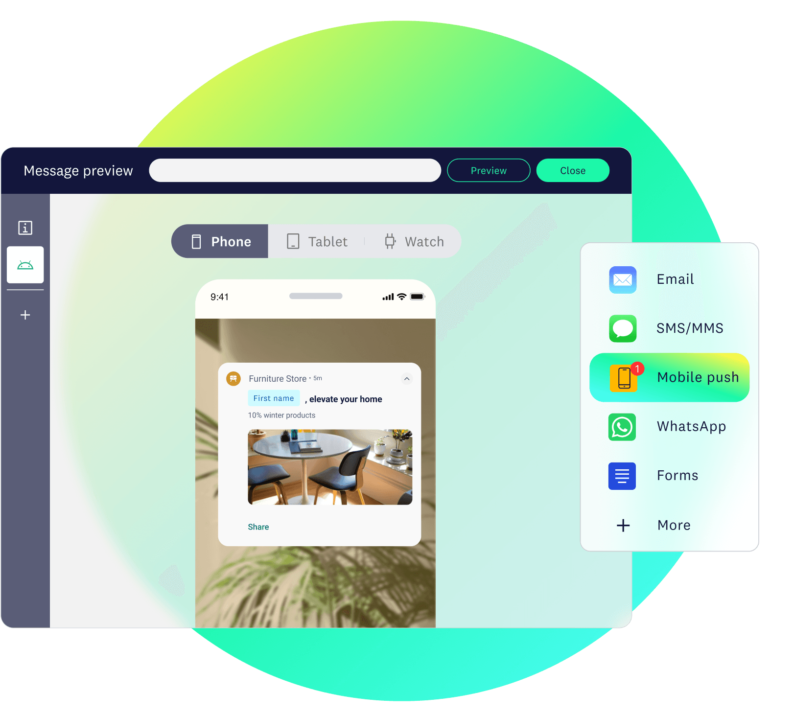 Creating a promotional campaign in one interface to update home furniture for multiple channels, but specifically for mobile app messaging.