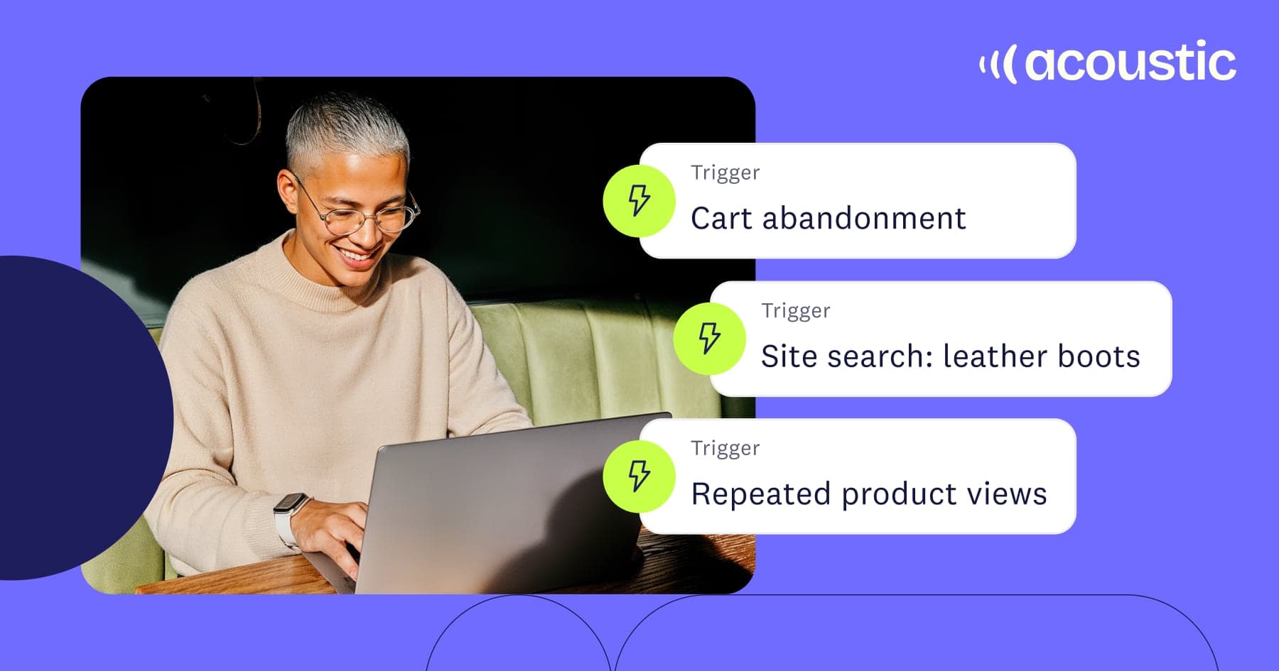 Older man at a laptop with behavioral trigger callouts like 'Cart abandonment'