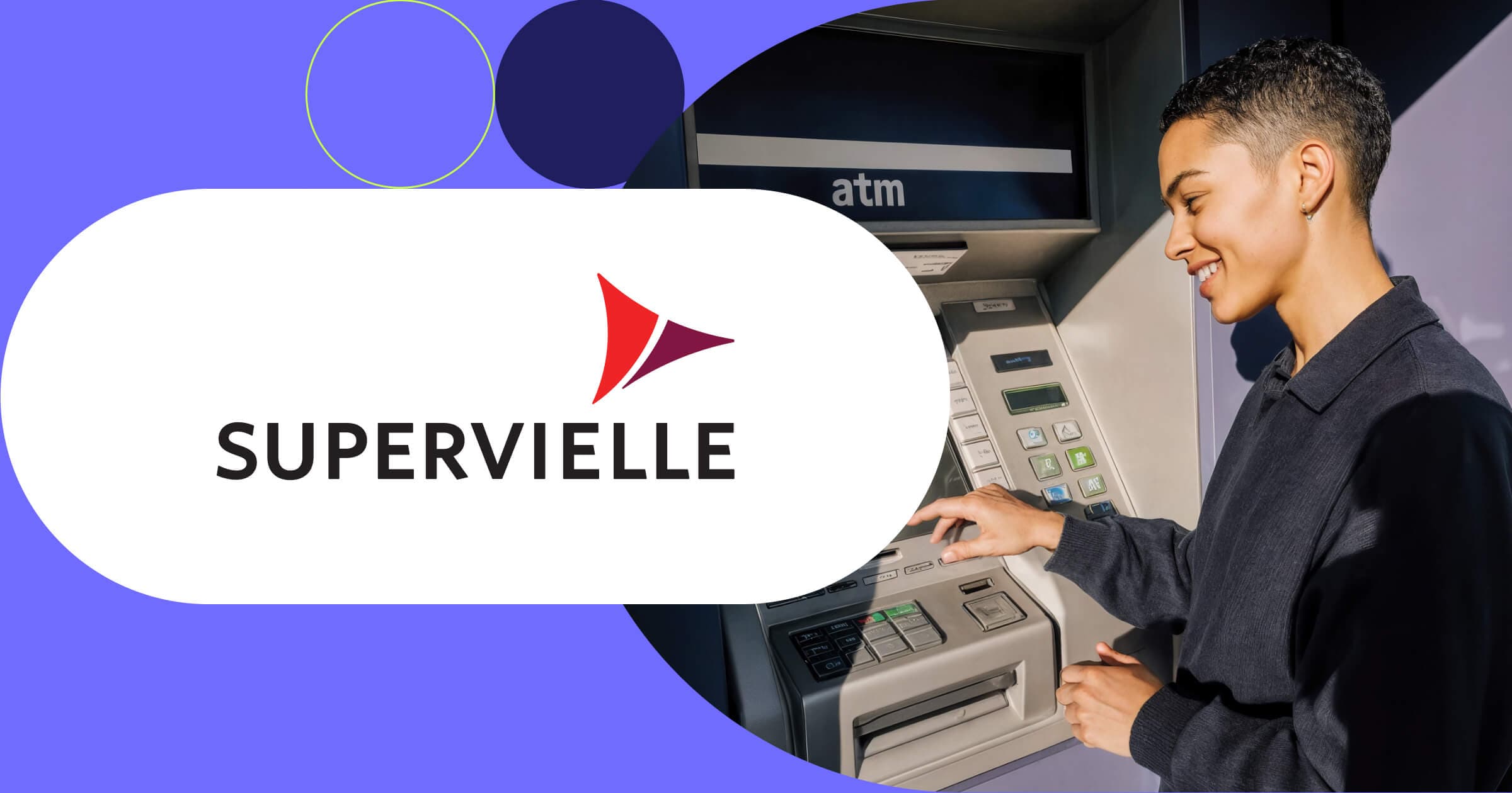Banco Supervielle logo with customer completing secure banking transaction at modern ATM machine