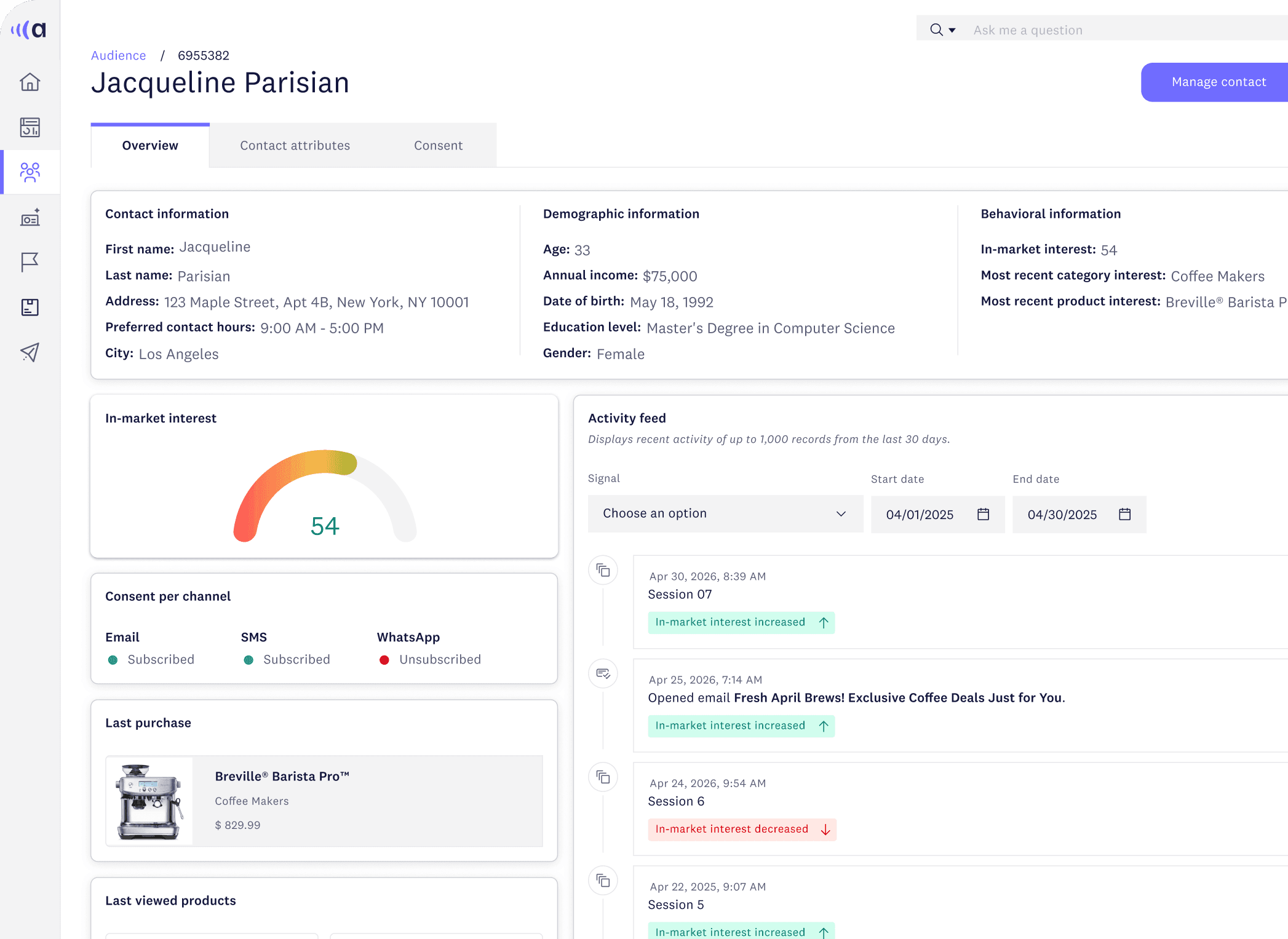 Customer profile for Jacqueline Parisian with engagement score and contact details