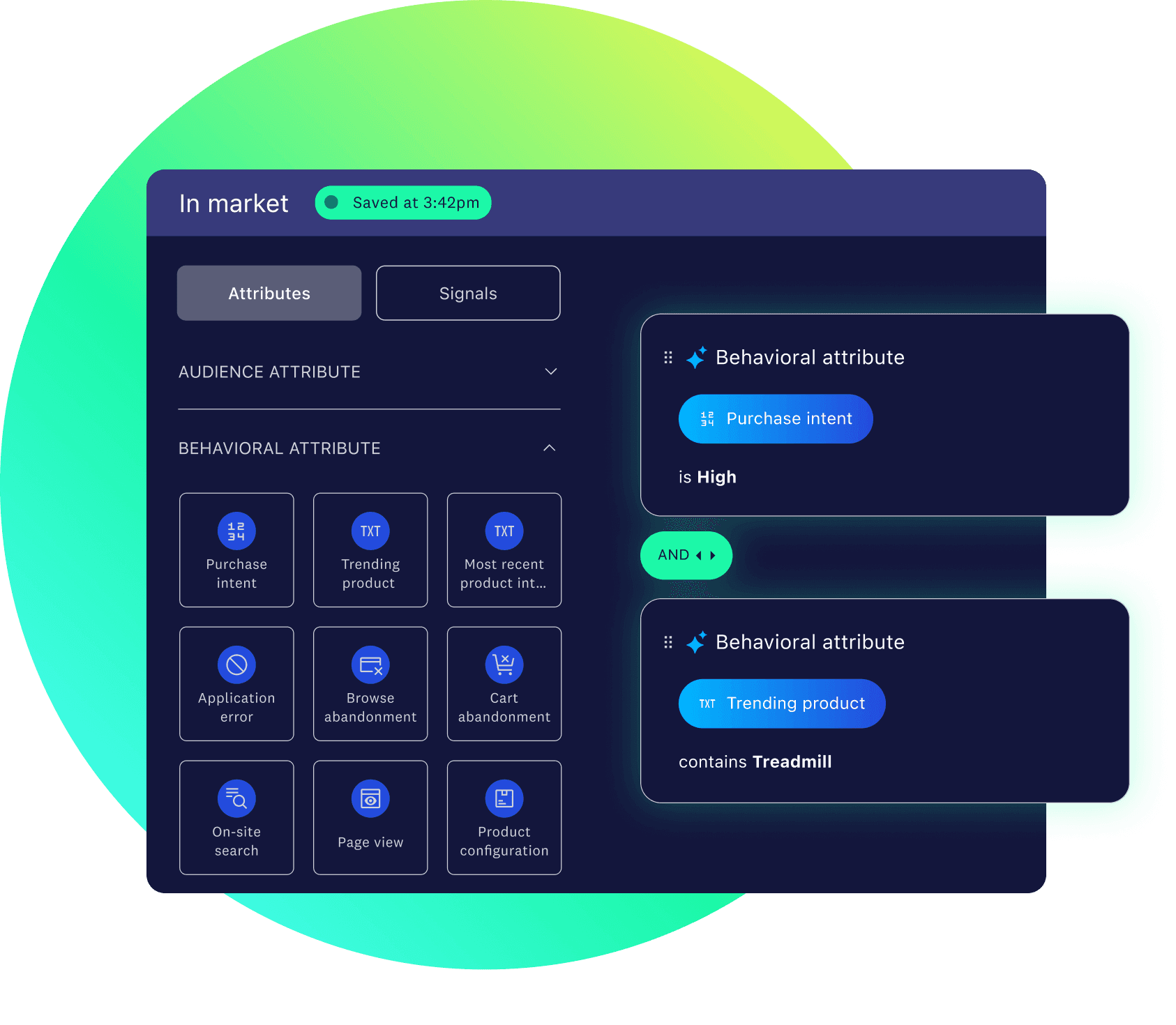 Segmentation based on audience and behavioral attributes, with filters applied for purchase intent and trending products.
