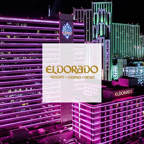 Eldorado Reno Resort logo over an image of the hotel property at night.