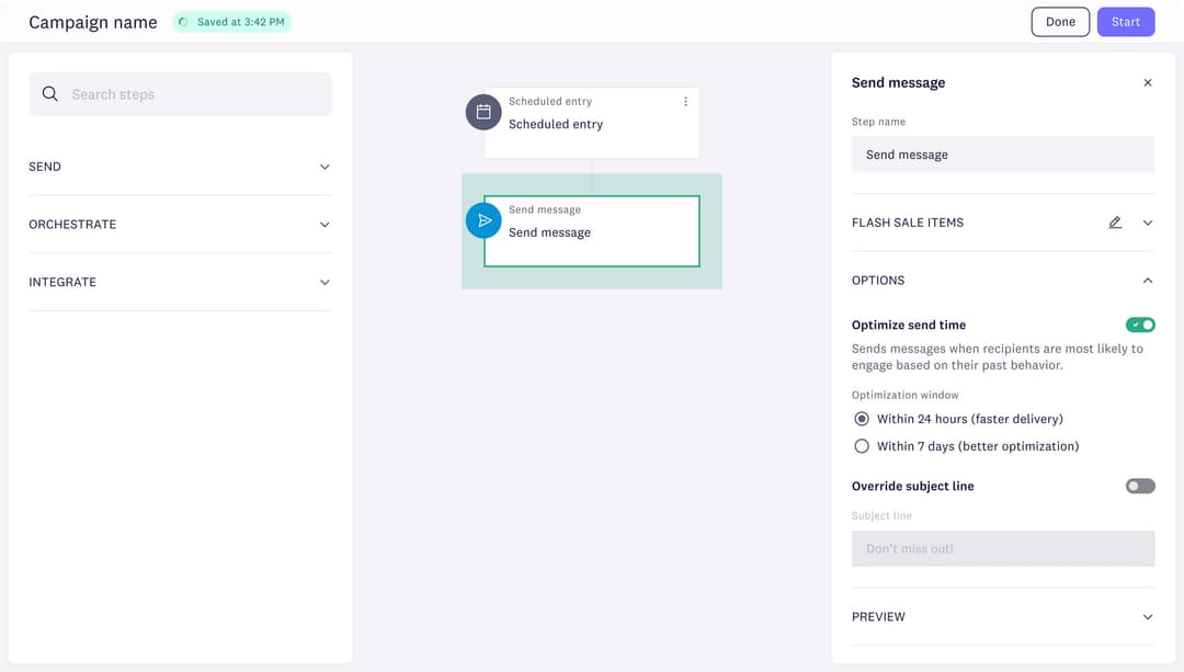 Campaign builder showing a workflow canvas with a send message step and settings panel for send time optimization.