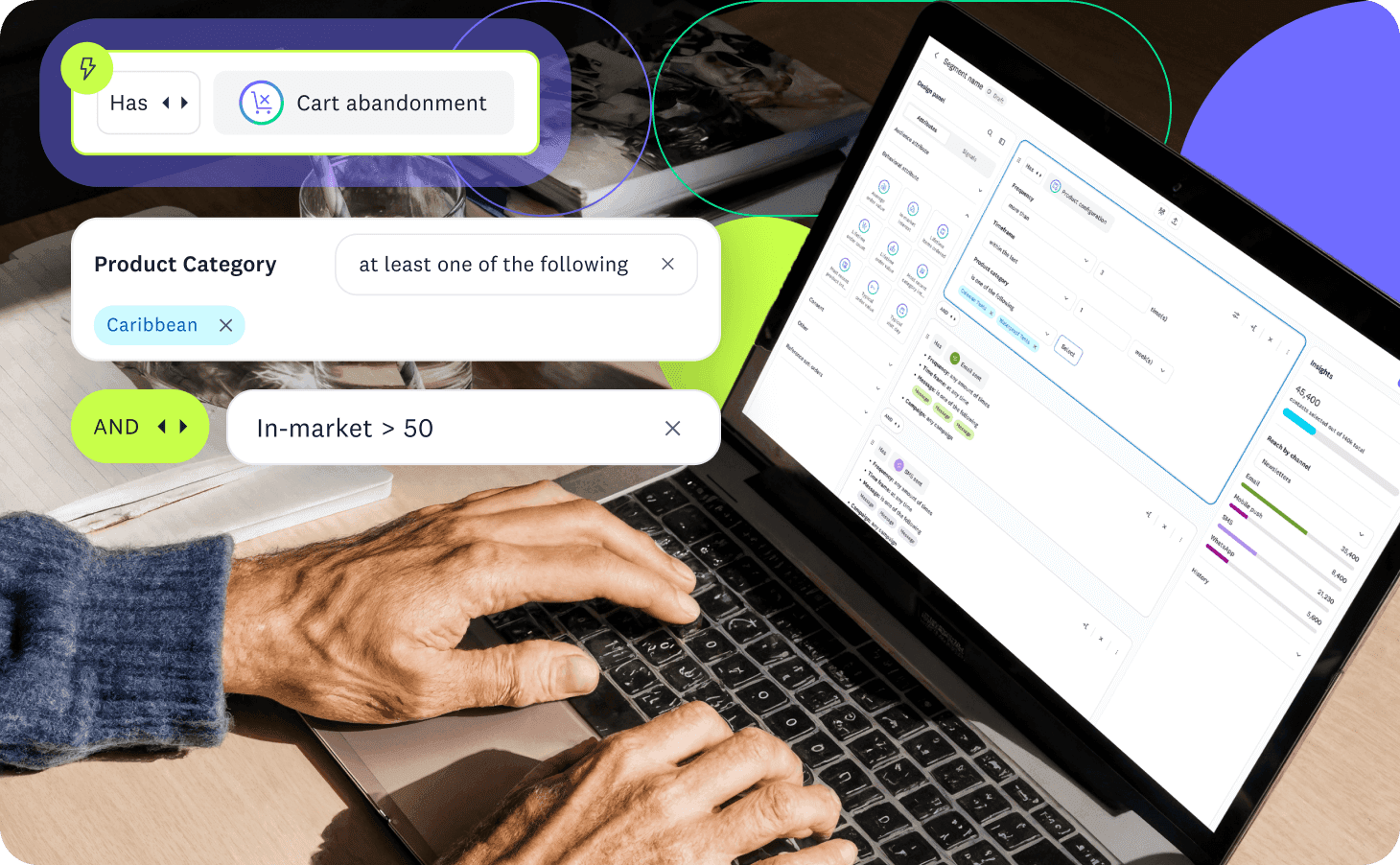 Audience segmentation builder on a laptop screen, showing behavior-based rules like cart abandonment, product category, and in-market interest.