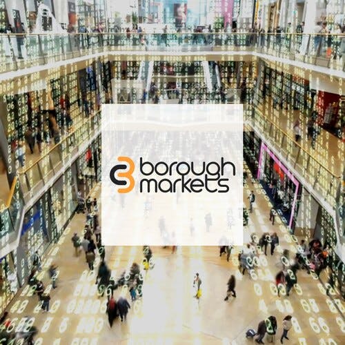 Borough Markets logo centered on an image of shoppers in a shopping mall. Numbers are overlaid on the shoppers to indicate a digital shopping experience.