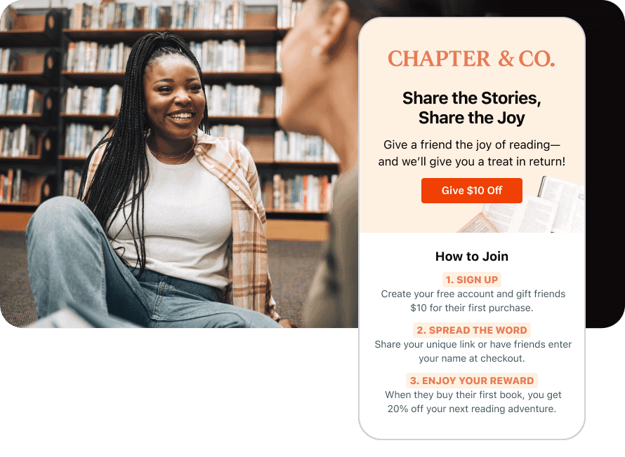 Woman with a tablet beside a Chapter & Co. bookstore referral offer