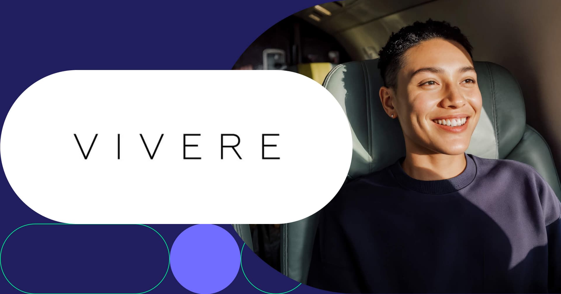 Vivere logo with relaxed passenger enjoying comfortable premium airline seat during first-class flight experience