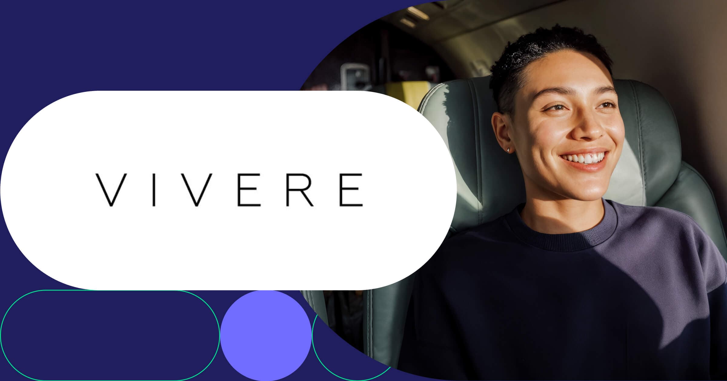 Vivere logo with relaxed passenger enjoying comfortable premium airline seat during first-class flight experience