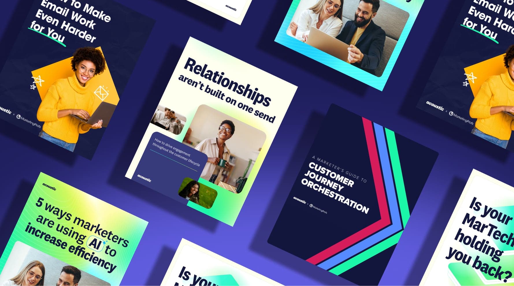 A dynamic collage of marketing graphics featuring insights on customer relationship management, AI usage, and effective communication strategies.