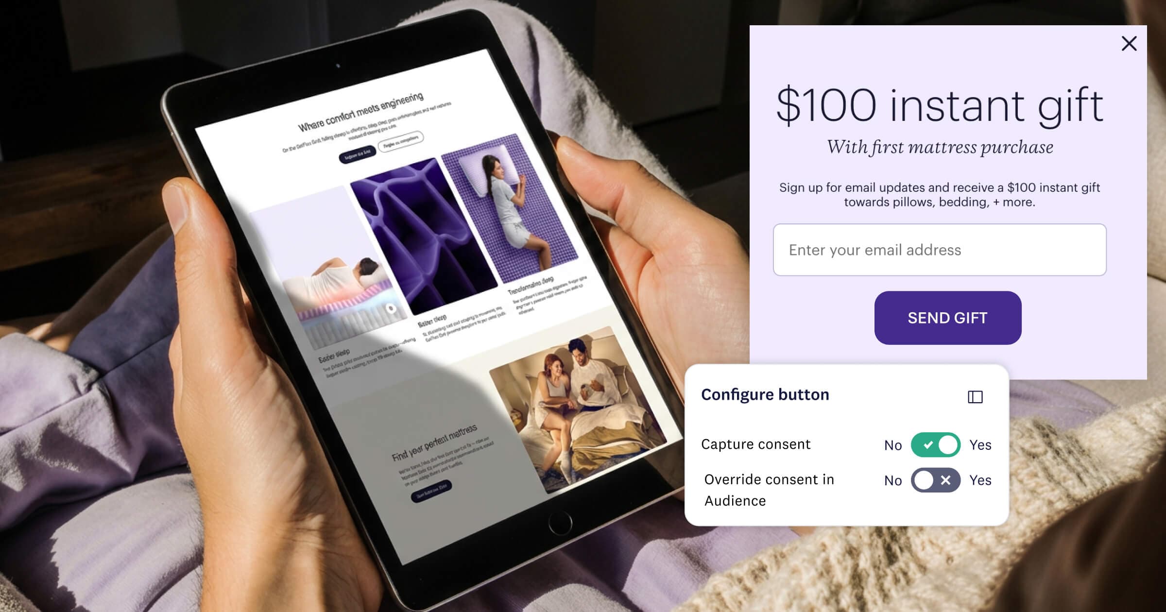 Person holding a tablet browsing a mattress site, with a $100 gift email signup modal and button config panel overlaid.