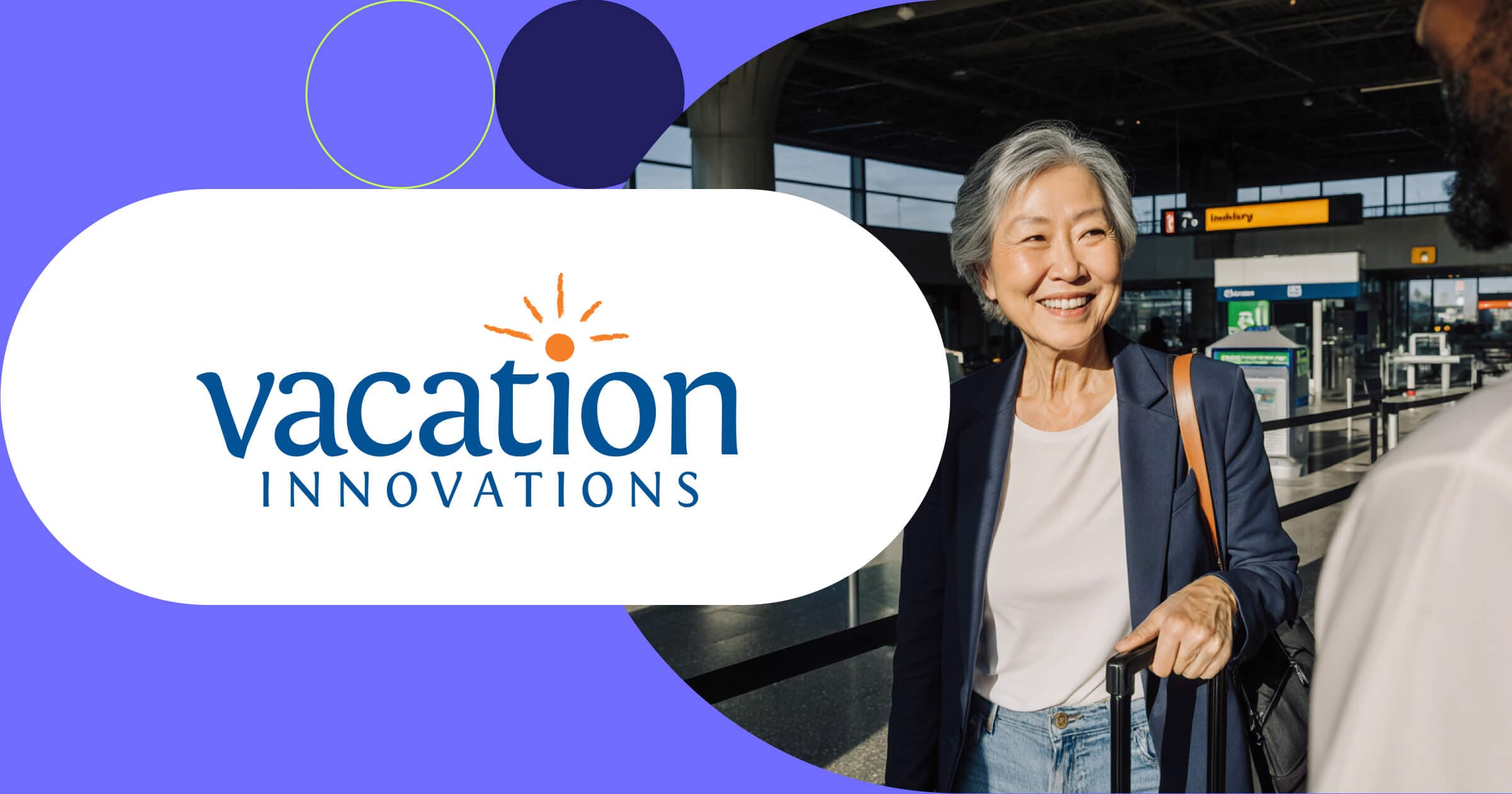 Vacation Innovations logo with senior traveler arriving at airport terminal ready for vacation getaway adventure