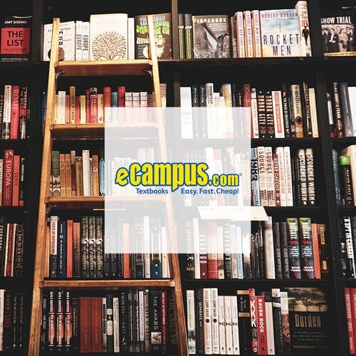 eCampus.com logo overlaid on a transparent white square. A ladder and bookshelves filled with books in the background.