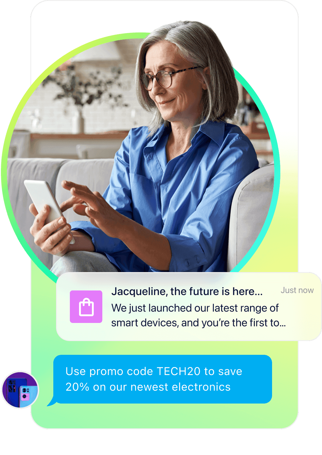 A woman on a couch uses a smartphone with overlays of a product launch message and a 20% off electronics promo code.