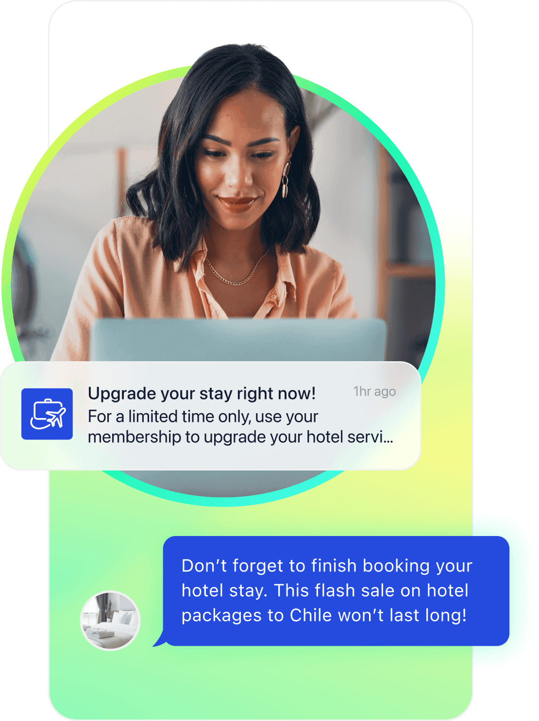 A customer receiving text message reminders to upgrade their hotel stay as part of the hotel's SMS marketing campaign.