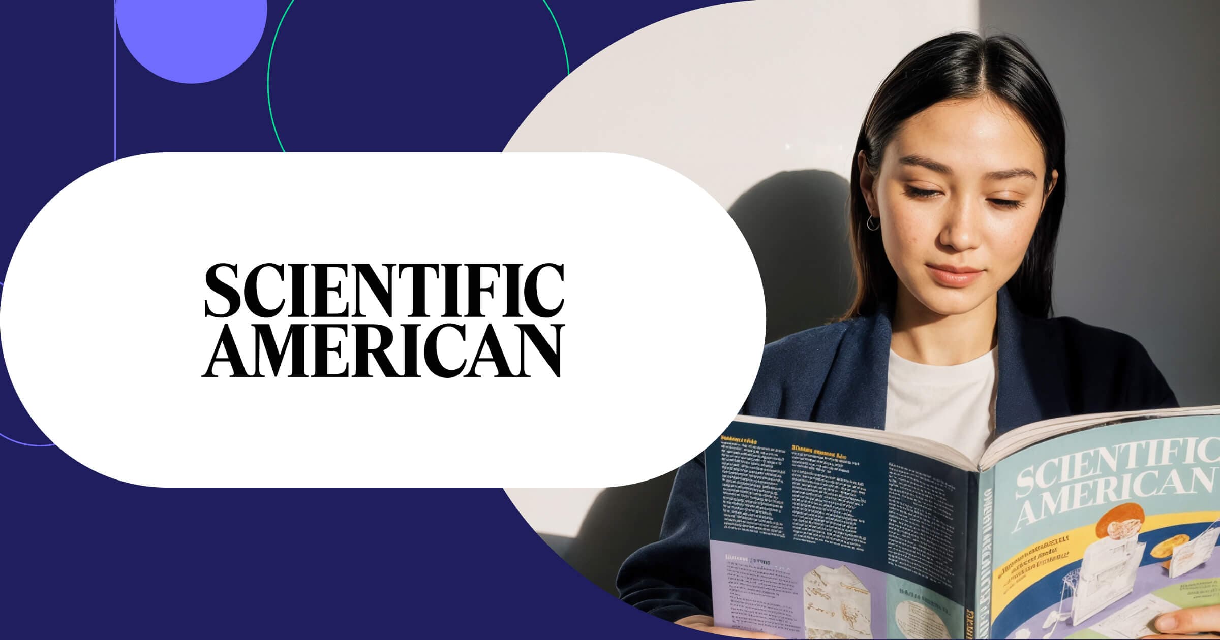 Scientific American logo with professional woman reading science magazine featuring research articles and discoveries