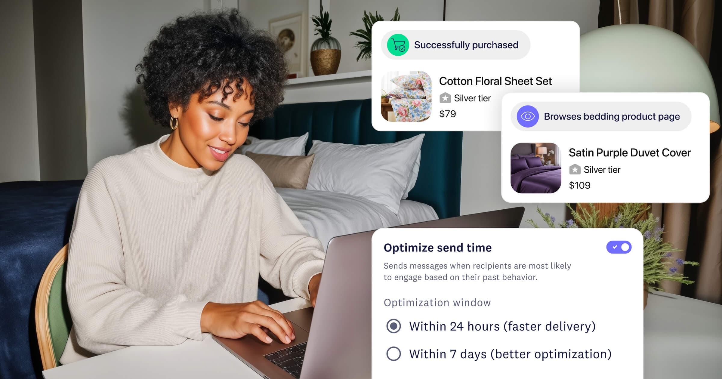 Woman in nicely designed home at desk with computer