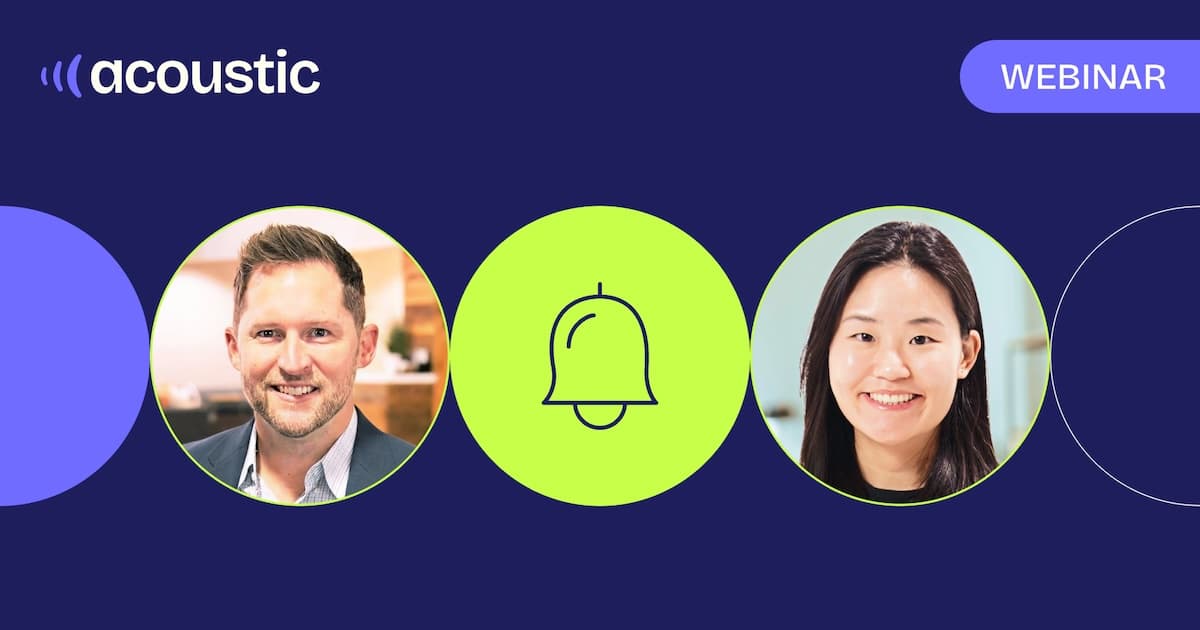 'Turn intent into conversion' webinar promo with two speakers and a bell icon in a green circle