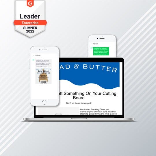 G2 Enterprise Leader, Summer 2022 badge in top left corner. Image of three devices with marketing content on their screens.