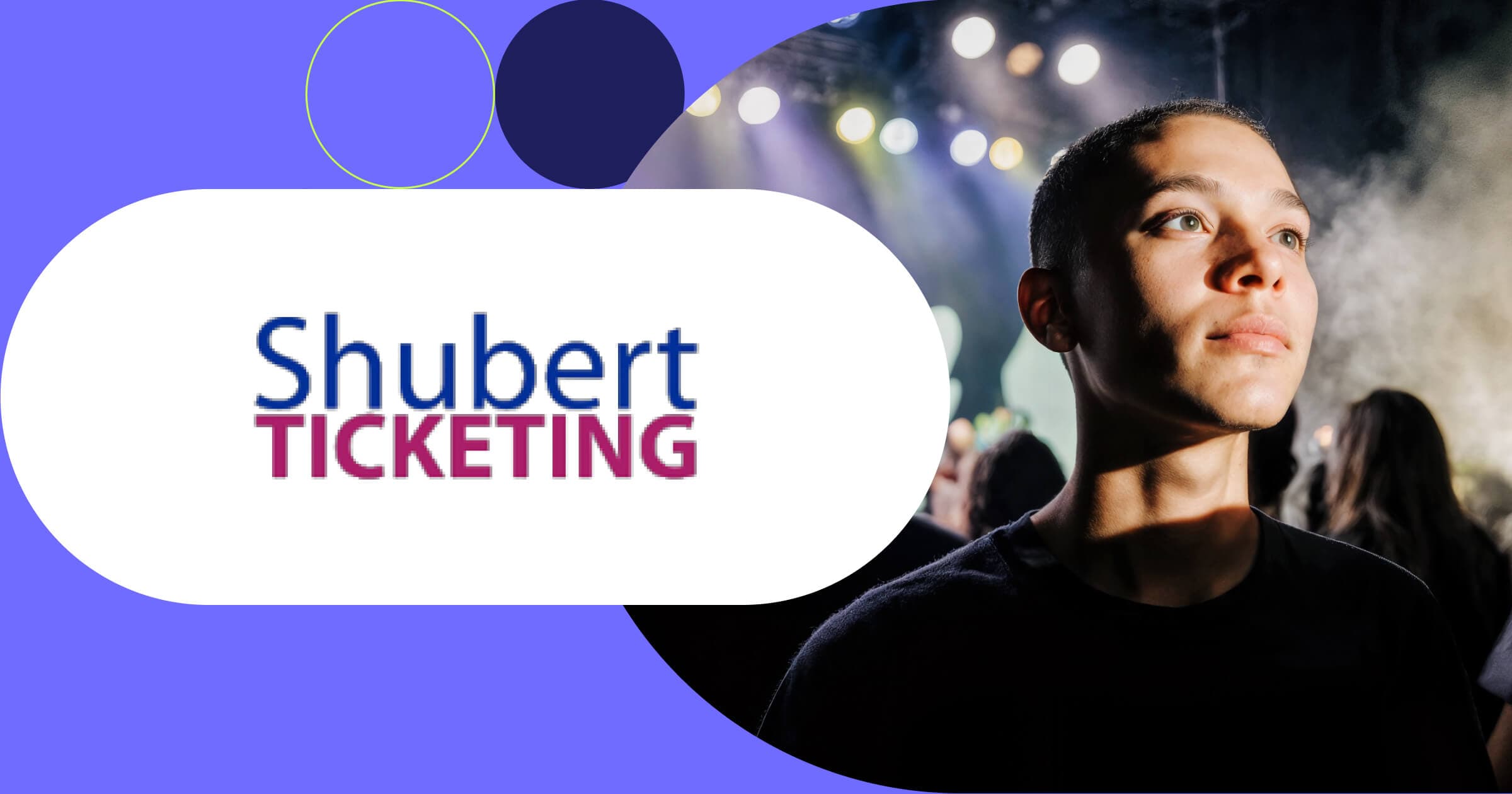 Shubert Ticketing logo with captivated audience member experiencing live Broadway theater performance with stage lighting
