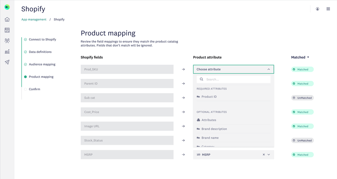 Shopify product mapping screen matching product fields to custom attributes with match status. Reply