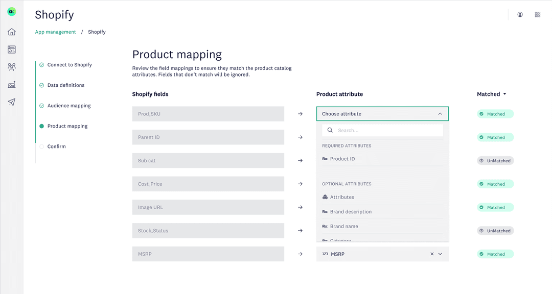 Shopify product mapping screen matching product fields to custom attributes with match status. Reply