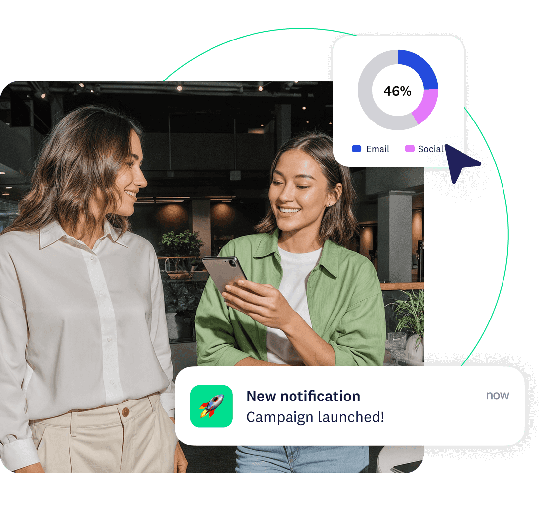 Three professionals collaborate at a laptop, with graphics showing a 46% chart and a "Campaign launched!" notification.