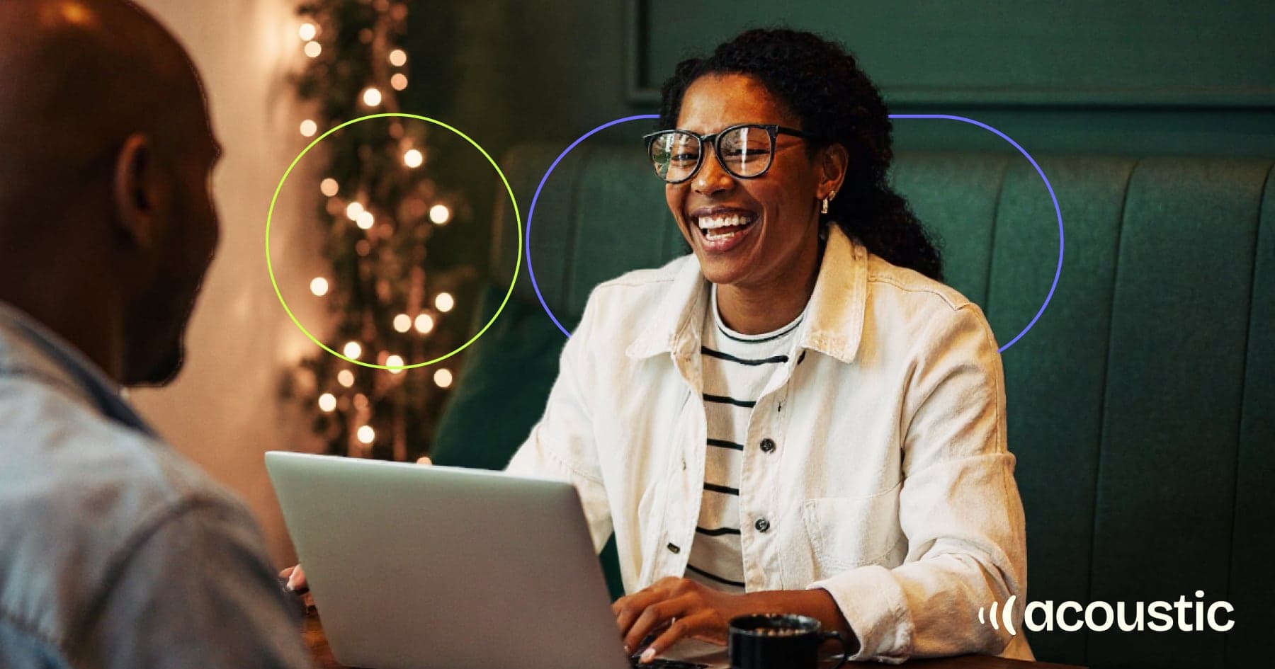 Marketing team planning holiday 2025 campaigns with laptop and decorated Christmas tree - Acoustic