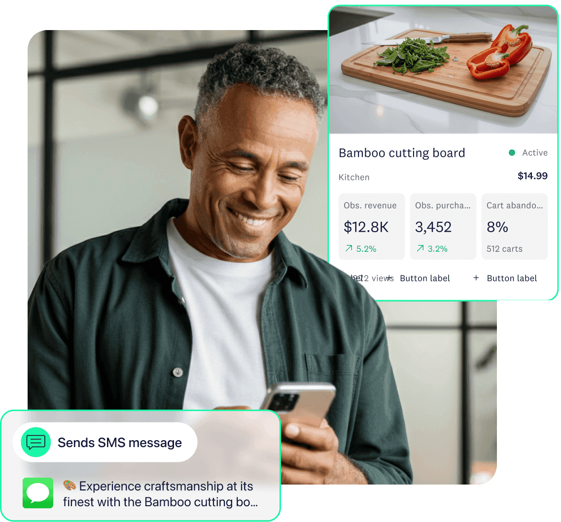 Man receiving an SMS about a bamboo cutting board after viewing the product page