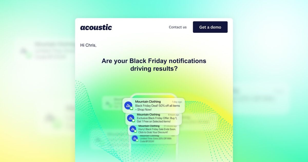 Email screenshot featuring a green-to-yellow gradient background. Text asks, 'Are your Black Friday notifications driving results?' Notifications below display offers from 'Mountain Clothing,' promoting Black Friday deals. The tone is promotional and inquiry-driven.