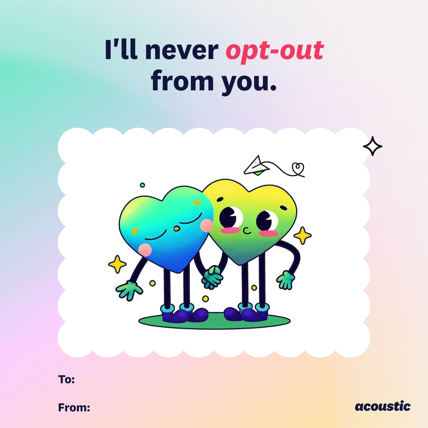 1. Illustration of two cartoon hearts with faces, one blue and one yellow, holding hands. The background is a soft gradient with the text "I