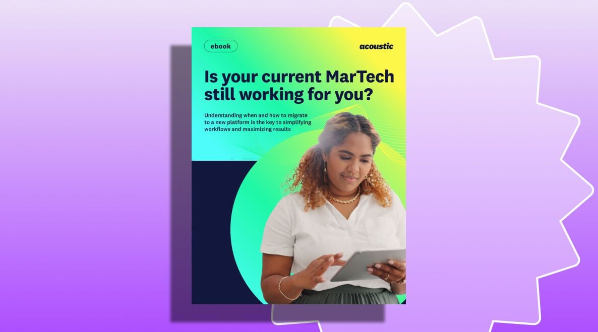 Ebook cover with a woman holding a tablet, featuring the title 'Is your current MarTech still working for you?' on a green and yellow background.