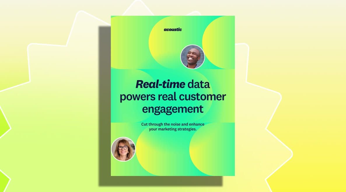 Bright green and yellow poster titled "Real-time data powers real customer engagement" with smiling faces and energetic, modern design.