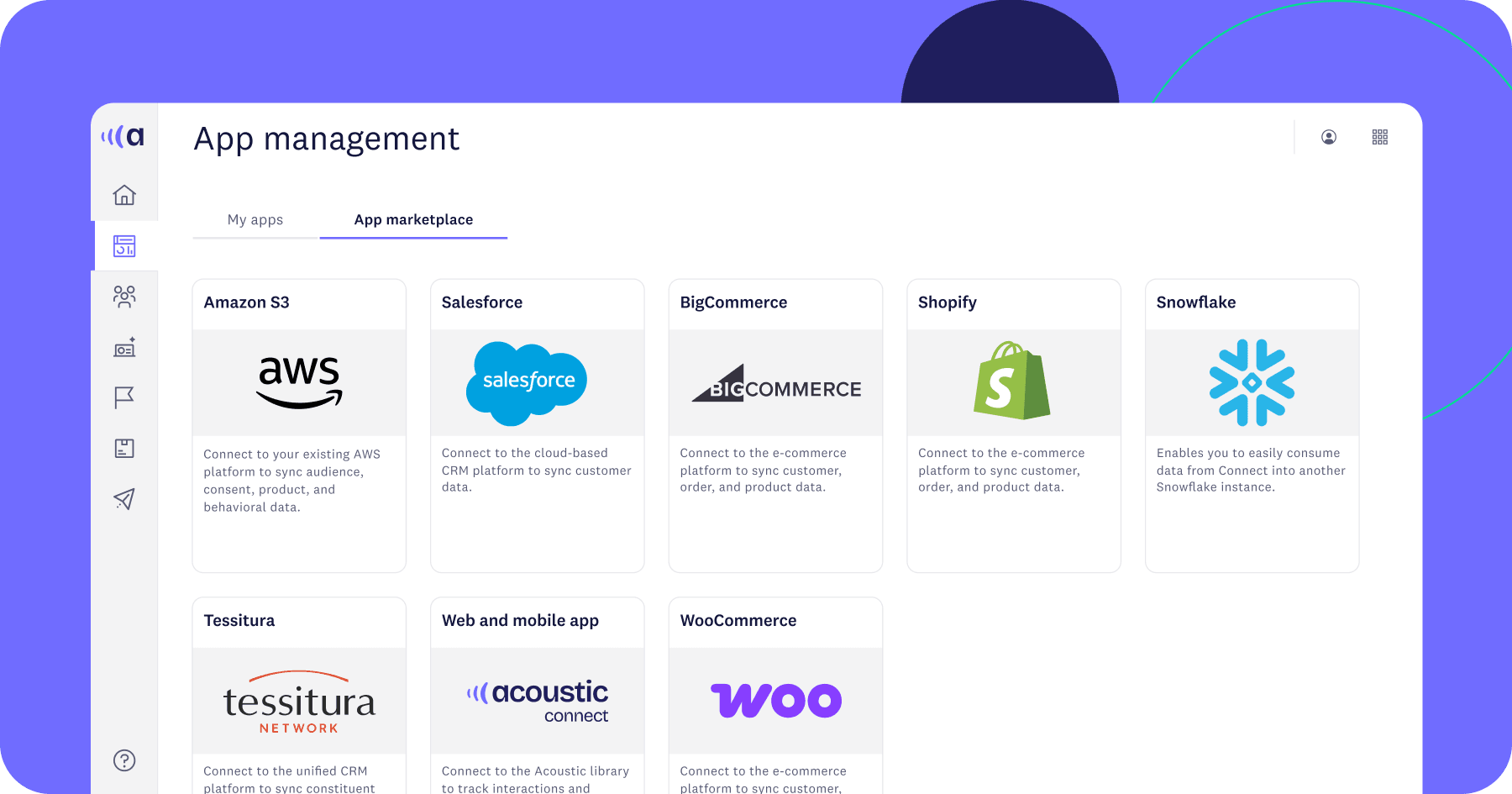 Dashboard showing "App Management" with "App Marketplace" selected. Includes Amazon S3, Salesforce, BigCommerce, Shopify, Snowflake, and more app cards.