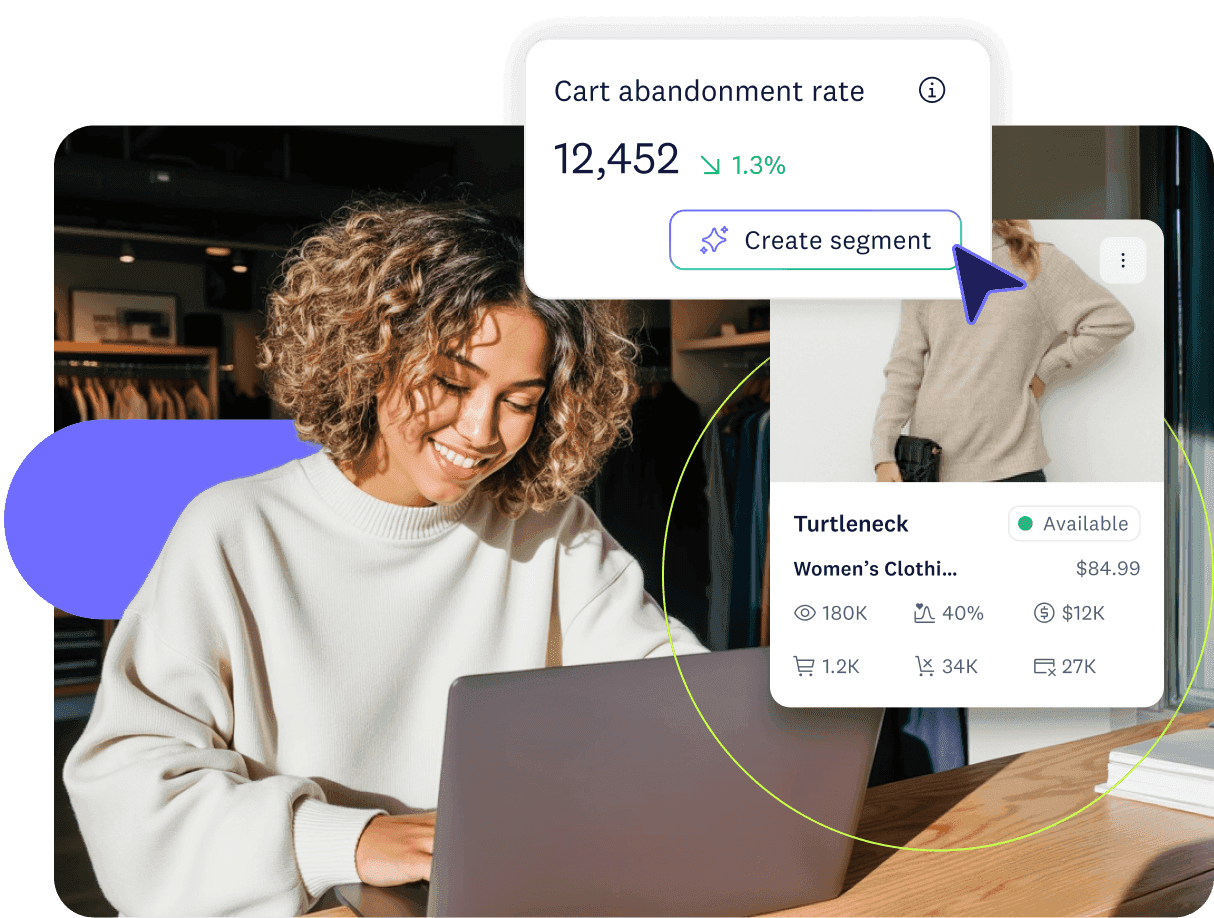 Smiling woman shops on a laptop in a café, overlaid with e-commerce analytics showing cart abandonment, product details, and segmentation tools.