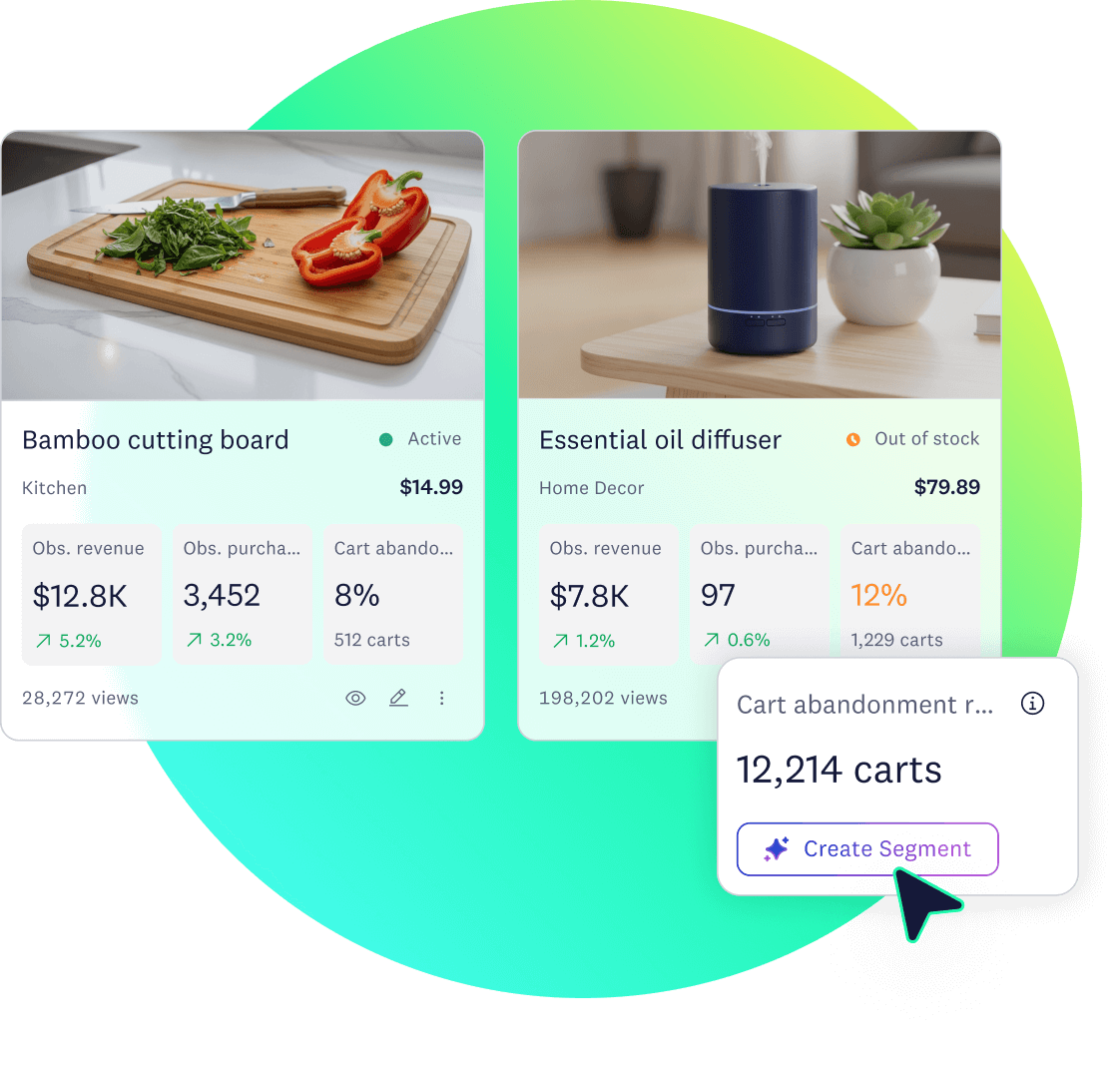 Product catalog showing bamboo cutting board and diffuser performance stats