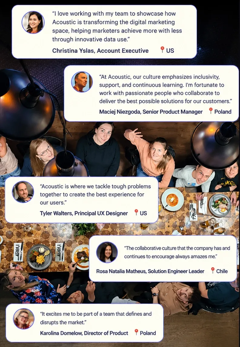Acoustic team laughing together around a long dining table with employee reviews of the company overlaying the image